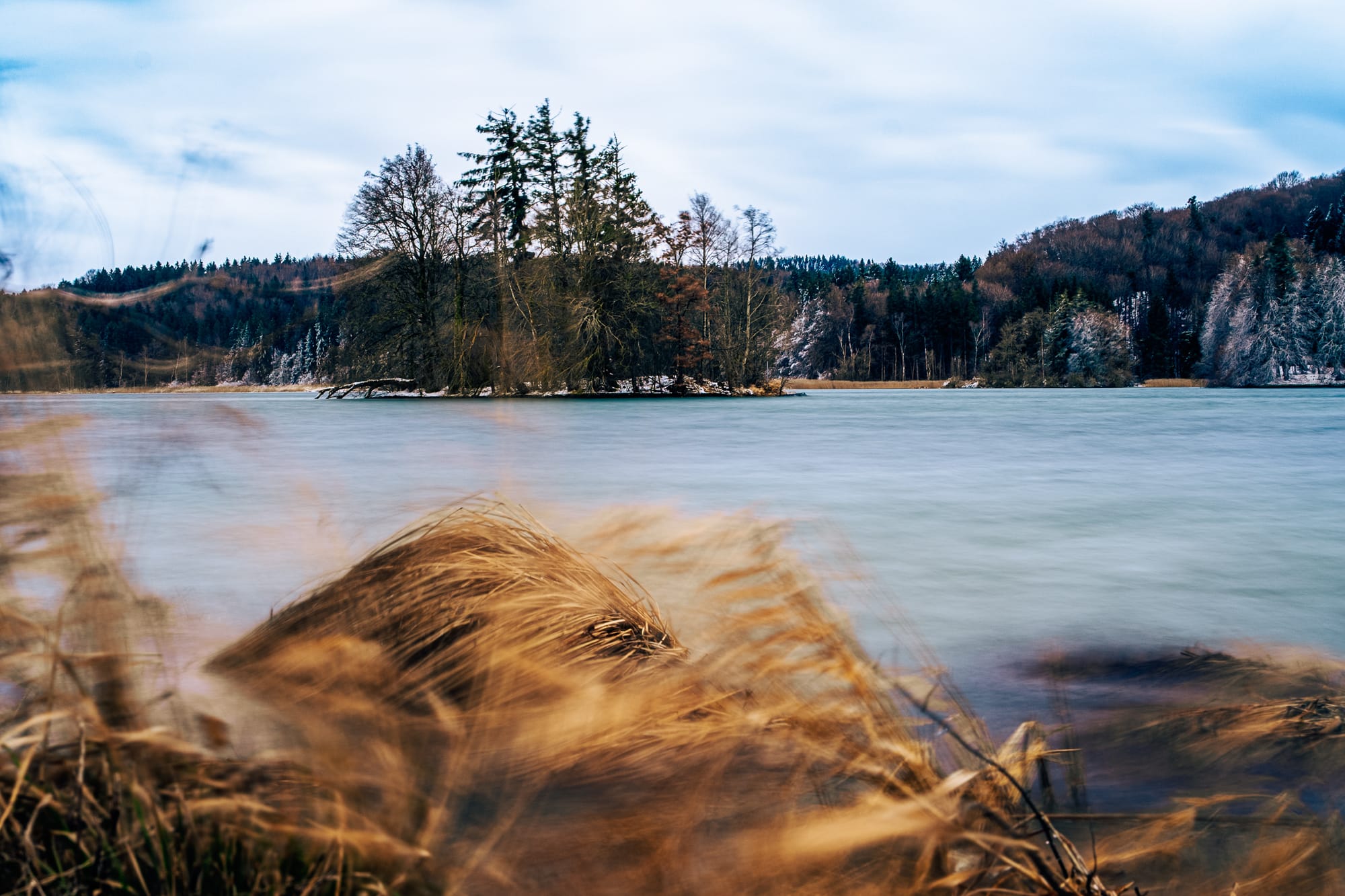 Winterliche Langzeitbelichtung des Seehamer Sees mit einer bewaldeten Insel. Im Vordergrund verschwommenes, goldenes Schilf, im Hintergrund schneebedeckte Hügel unter bewölktem Himmel.